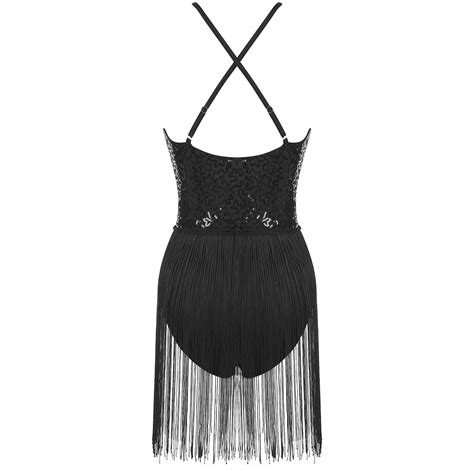 Womens Glitter Sequins Fringed Bodysuit Tassel Leotard Dress Latin