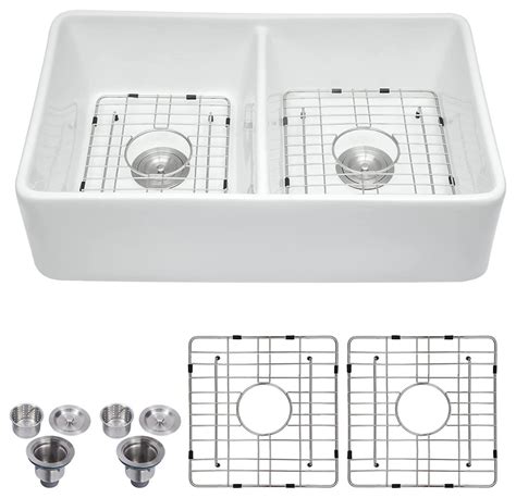 Ceramic Double Bowl Farmhouse Kitchen Sink with Sink Grid and Basket Strainer - Contemporary ...