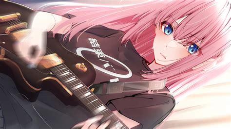 Blue Eyes Blush Bocchi The Rock Close Gotou Hitori Guitar Instrument Long Hair Megurumiru Pink