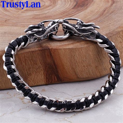 Double Dragon Head Charm Bracelet Men Weave Leather Stainless Steel