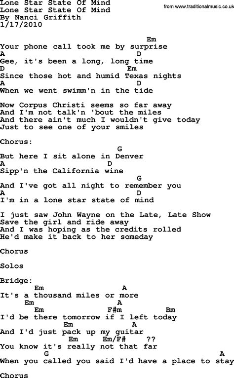 Lone Star State Of Mind - Bluegrass lyrics with chords