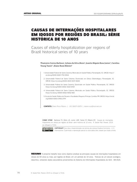 Pdf Causas De Internações Hospitalares Em Idosos Por Regiões Do Brasil