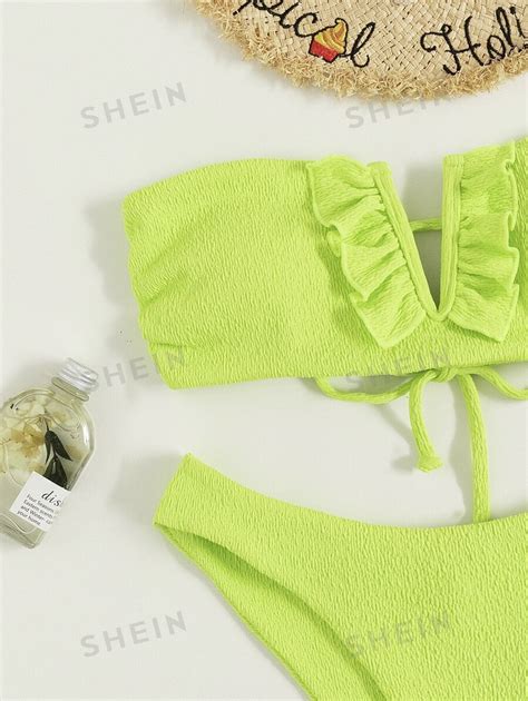 SHEIN Swim Textured Bikini Set Frill Trim V Wired Bandeau Top Bikini