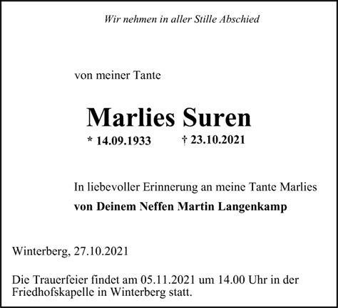 Traueranzeigen Von Marlies Suren Trauer In NRW De