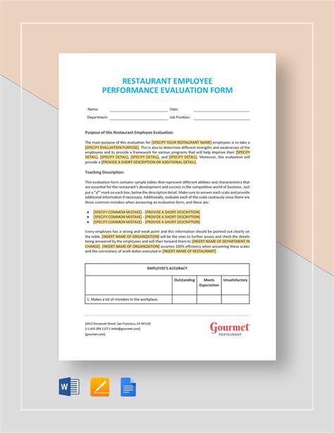 Restaurant Employee Performance Evaluation Form Template In Pages Word