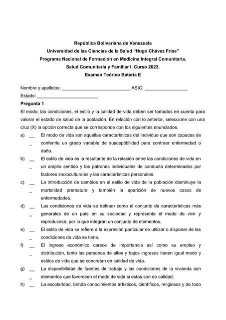 Modelo De Examen Salud Comunitaria Y Familiar I Ysaac Garcia UDocz