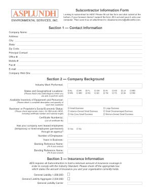 Fillable Online Subcontractor Information Form Section Contact