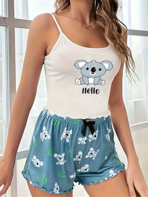 Koala Print Pajama Set Cute Lettuce Trim Cami Top And Bow Shorts Women