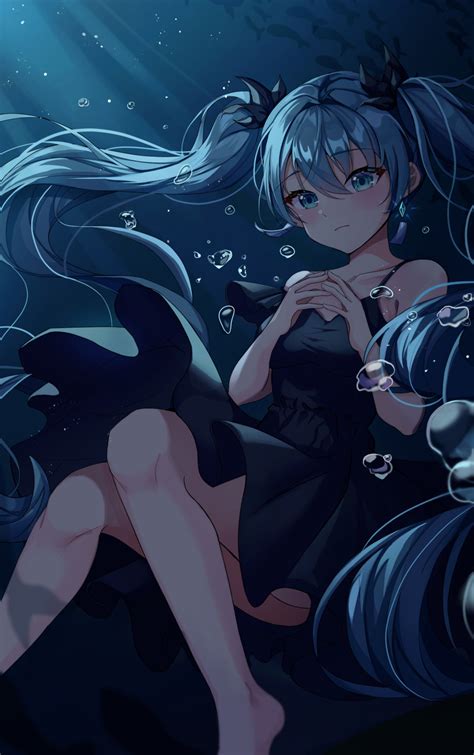 Safebooru 1girl Absurdres Air Bubble Bare Legs Barefoot Black Dress Blue Eyes Blue Hair Blush