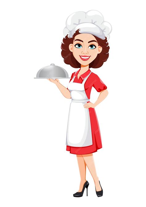 Premium Vector Chef Woman Holding Restaurant Cloche Cook Lady In