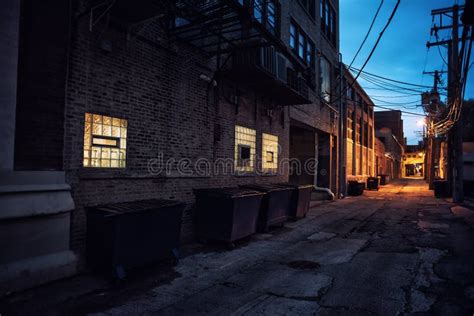 Dark and Scary Downtown Urban City Street Alley Scene at Night Stock ...