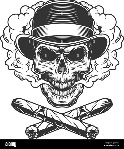 Vintage Gentleman Skull In Fedora Hat With Crossed Cuban Cigars Isolated Vector Illustration