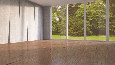 Empty Room With Concrete Wall And Wooden Flooring 3D Rendering Stock Photo