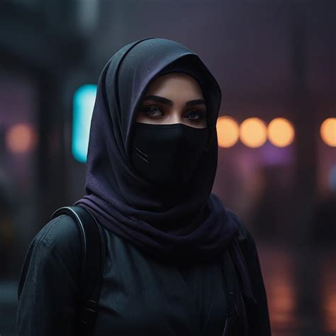 A Woman Wearing A Black Scarf With A Black Scarf On Her Head Premium