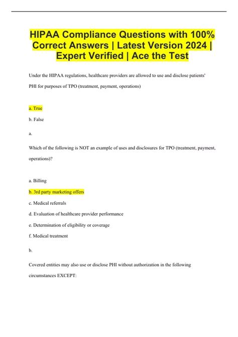 Hipaa Compliance Questions With 100 Correct Answers Latest Version 2024 Expert Verified