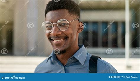 Business Face And Happy Black Man With Glasses In A City For Travel