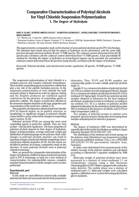 Pdf Comparative Characterization Of Polyvinyl Alcohols For Vinyl Chloride Suspension