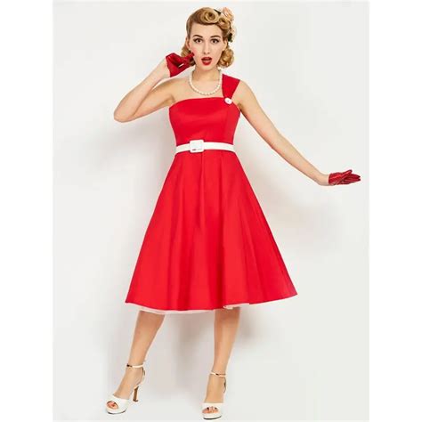 Women Vintage Dresses 2019 Summer Hot Chic One Shoulder Sexy Elegant Belt Red Sweet 1950s A Line