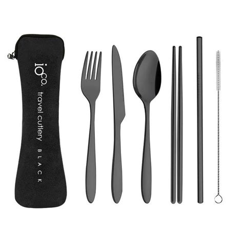 Reuseable Stainless Steel Travel Cutlery Set Of Black In Black Case