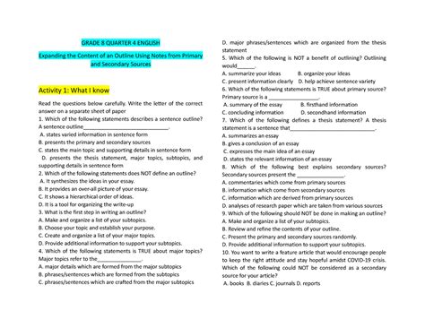 Grade 8 Quarter 4 English Grade 8 Quarter 4 English Expanding The Content Of An Outline Using