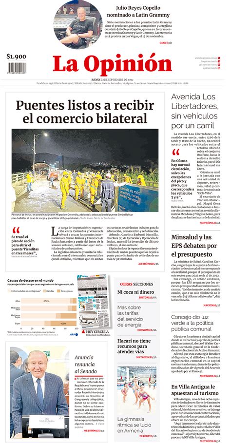 Portada Del Jueves 22 De Septiembre De 2022