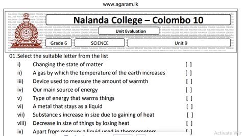 Science Nalanda College Unit Exam Paper 09 Grade 06