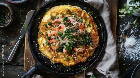 Japanese okonomiyaki savory pancake with cabbage, pork belly, shrimp ...