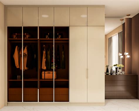 Spacious Wardrobe With Beige-Glass Finish Look With Open Hinges | Livspace