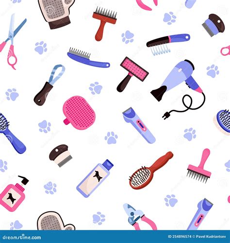 Pet Grooming Seamless Pattern With Different Salon Tools Flat Vector