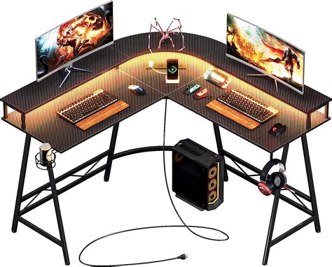 Huuger L Shaped Gaming Desk With Led Lights Power Outlets Computer