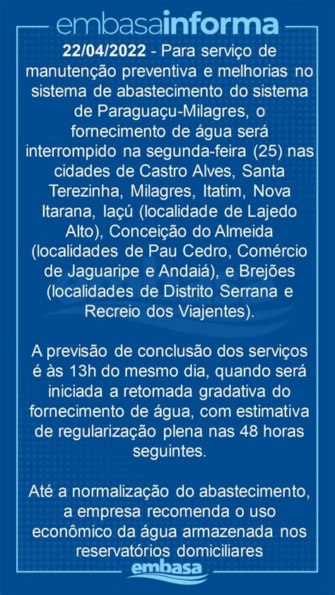 Embasa Interrompe Abastecimento De Gua Em Concei O Do Almeida E