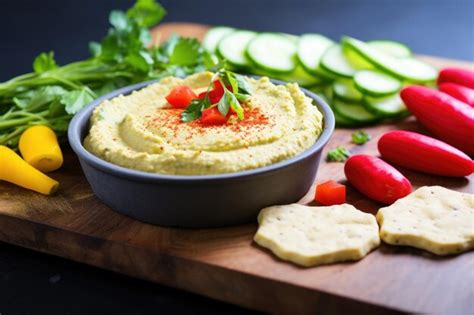 Premium Ai Image Hummus On A Slate Board With Radishes Yellow Peppers