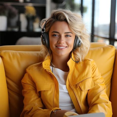 Premium Ai Image Beautiful Blonde Woman In Black Headphones Listening Music Sitting On Sofa