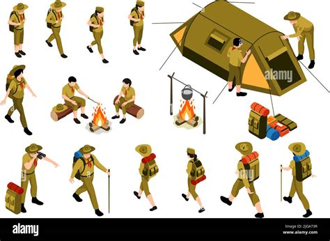 Hiking Isometric Set Of Camping Objects And People In Scout Uniform