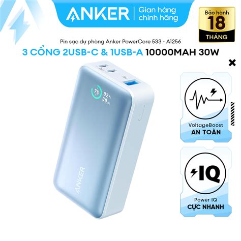 Pin Sạc Dự Phòng ANKER 533 PowerCore 10000mAh 30W 3 cổng 2USB C 1USB