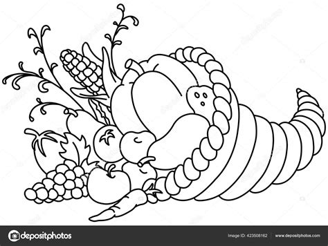 Outlined Horn Plenty Thanksgiving Cornucopia Autumn Fruits Vegetables