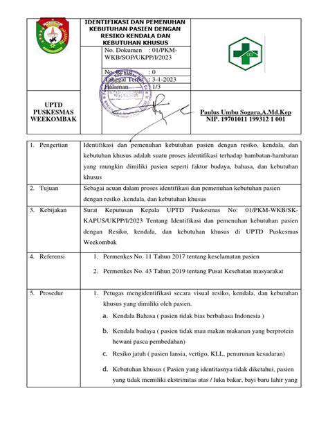 Sop Identifikasi Dan Pemenuhan Kebutuhan Pasien Pdf