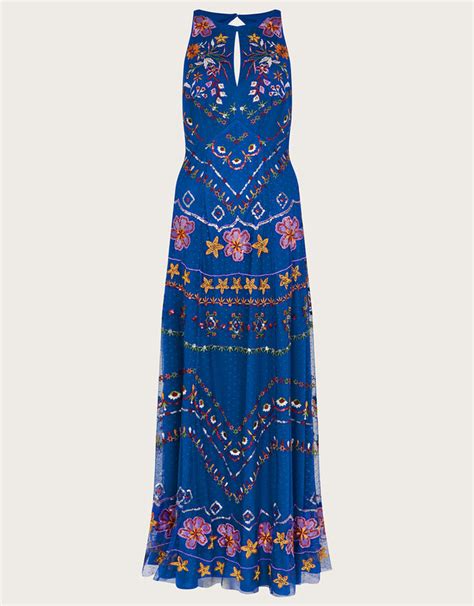 Theodora Embroidered Maxi Dress In Recycled Polyester Blue Evening Dresses Monsoon Global