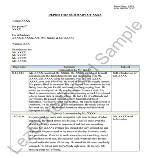 Deposition Summary Medical Malpractice Personal Injury