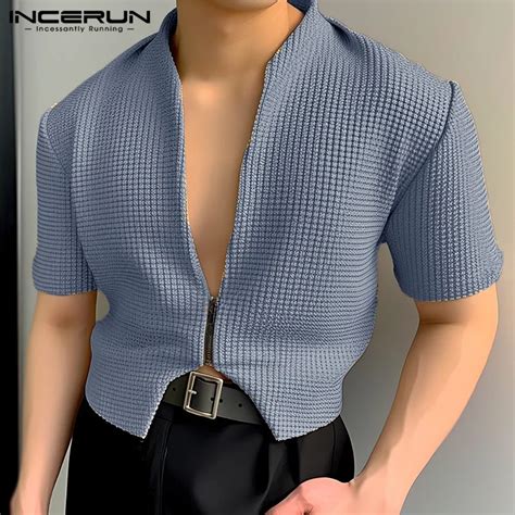 Incerun Camisa De Manga Corta Con Cuello En V Para Hombre Ropa De Calle Con Cremallera