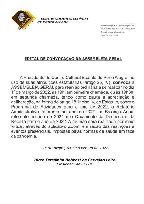 Edital De Convoca O Da Assembleia Geral Ccepa