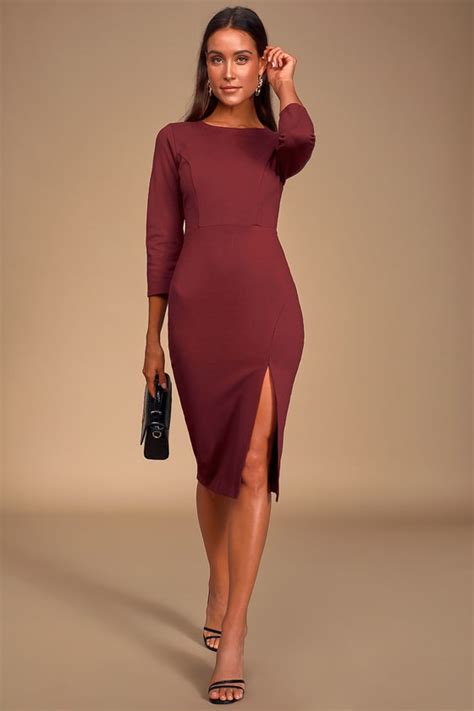 Burgundy Bodycon Dress Midi Dress Three Quarter Sleeve Dress Lulus