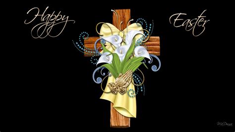 Easter Cross Decorated With Calla Lilies And Praying Golden Hands