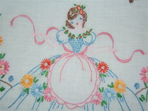 Vintage Antique Embroidered Southern Belle Lady Cotton Pillowcase Standard 19x34 Embroidery