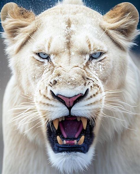 Premium Photo A White Lion With Blue Eyes And A Blue Nose Is Showing