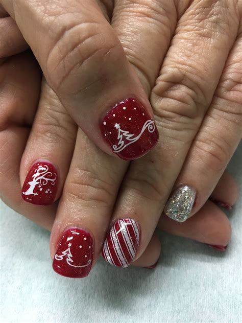 Christmas Nails Red Sparkle Outlined Tree Candy Cane Reindeer And Glitter Gel Nails