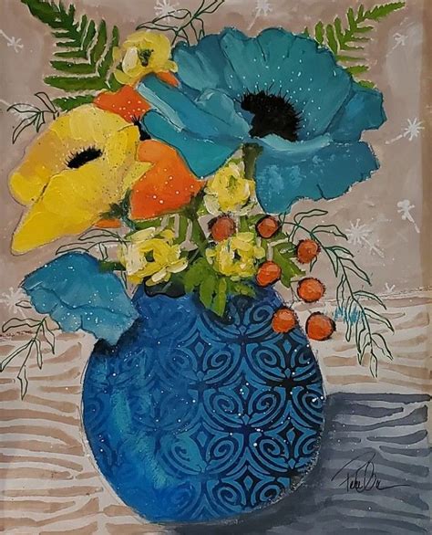 A Painting Of Flowers In A Blue Vase