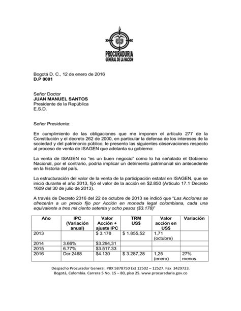 Carta Del Procurador Al Presidente Juan Manuel Santos