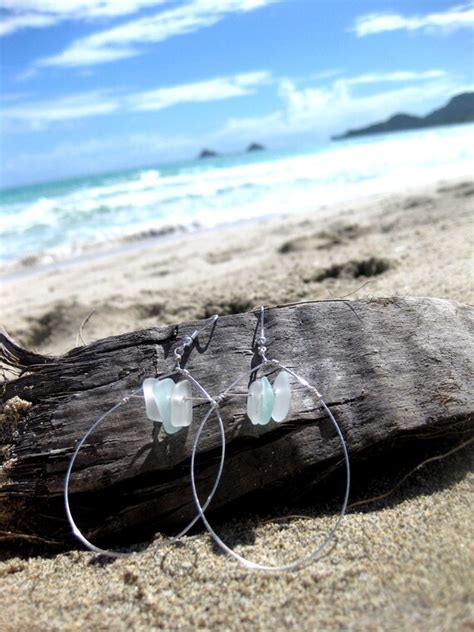 Items Similar To Hawaiian Aqua And Clear Beach Glass Wire Hoop Earrings On Etsy