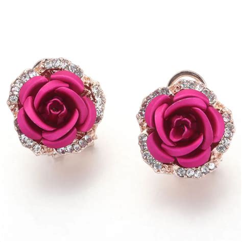 Romantic Red Rose Flower Earring Women Fashion Crystal Golden Metal